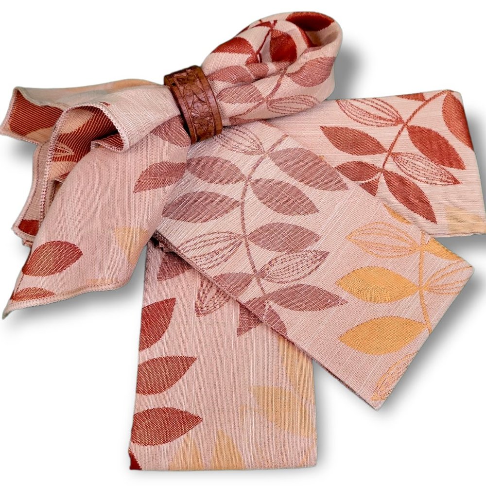 Cloth Napkins Set (4) Vintage Beige Milan Weave with Copper Autumn Color Leaves